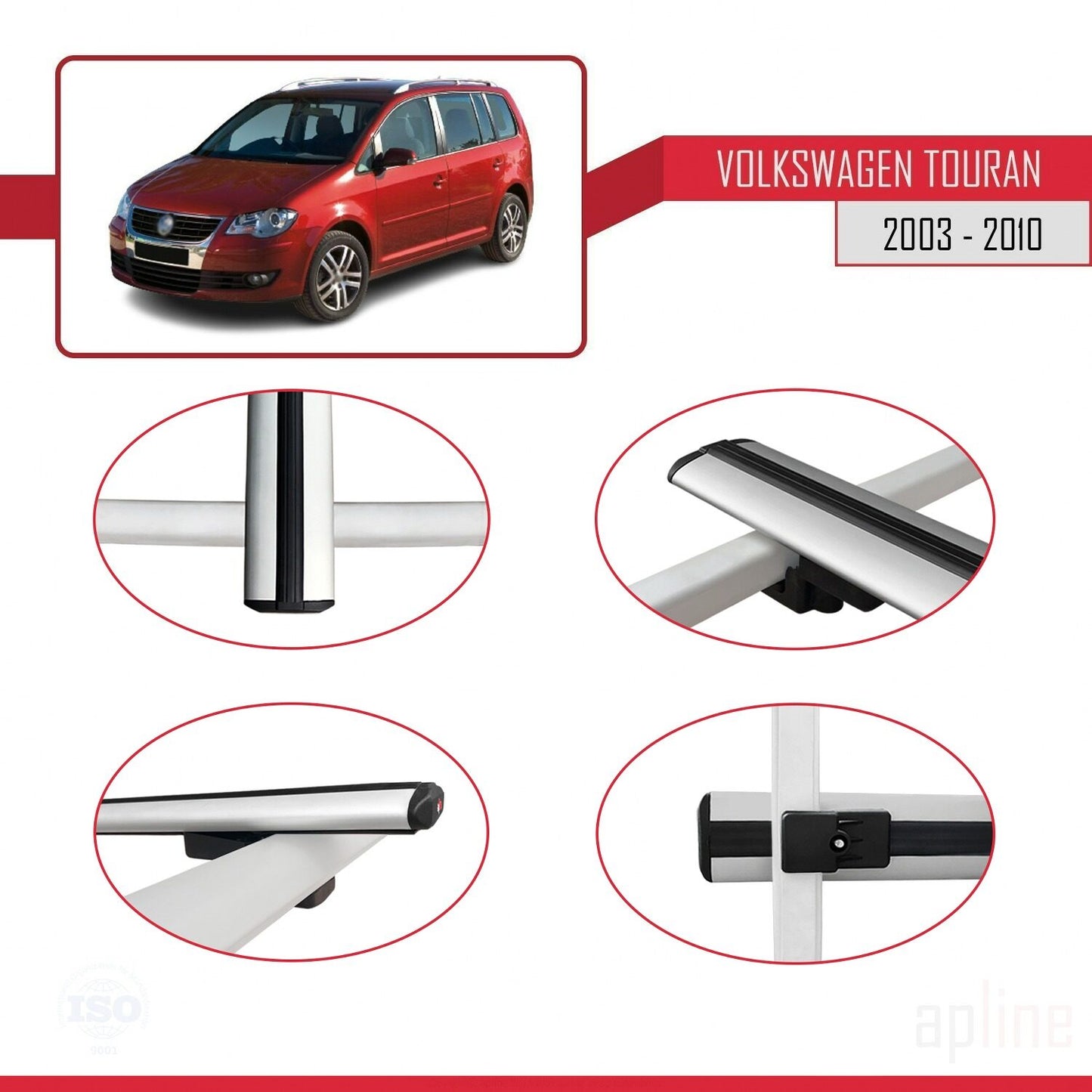 Compatible con Volkswagen Touran (1T) Pre-Facelift 2003-2010 BASIC Model Barras de Techo Auto Portaequipajes Barras Transversales Gris Aluminio 3 Barras