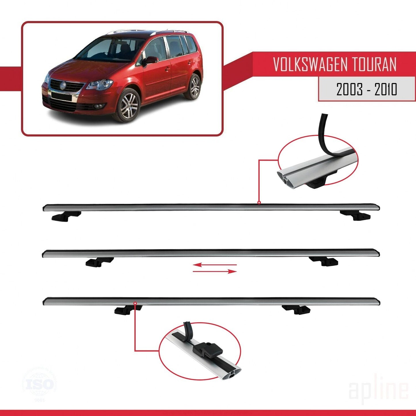 Compatible con Volkswagen Touran (1T) Pre-Facelift 2003-2010 BASIC Model Barras de Techo Auto Portaequipajes Barras Transversales Gris Aluminio 3 Barras