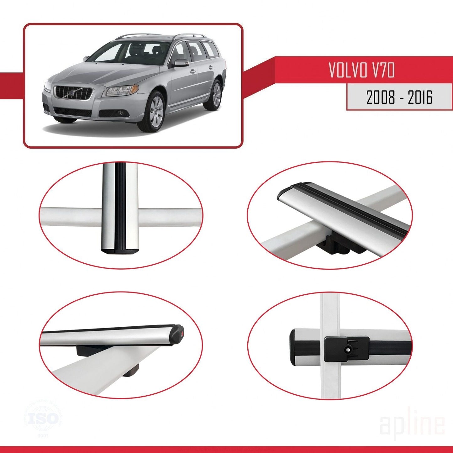 Compatible avec Volvo V70 III 2008-2016 BASIC Model Barres de Toit Railing Porte-Bagages de Voiture Gris Aluminium 2 Barres
