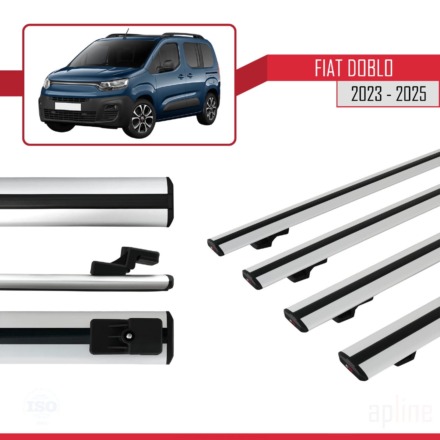 Compatible avec Fiat Doblo 3 2023-2025 BASIC Model Barres de Toit Railing Porte-Bagages de Voiture Gris Aluminium 4 Barres