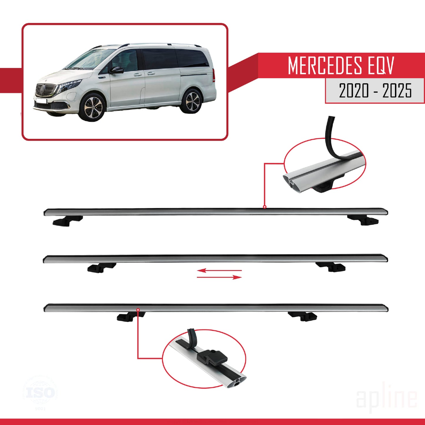 Compatible avec Mercedes EQV (W447) 2020-2025 BASIC Model Barres de Toit Railing Porte-Bagages de Voiture Gris Aluminium 3 Barres