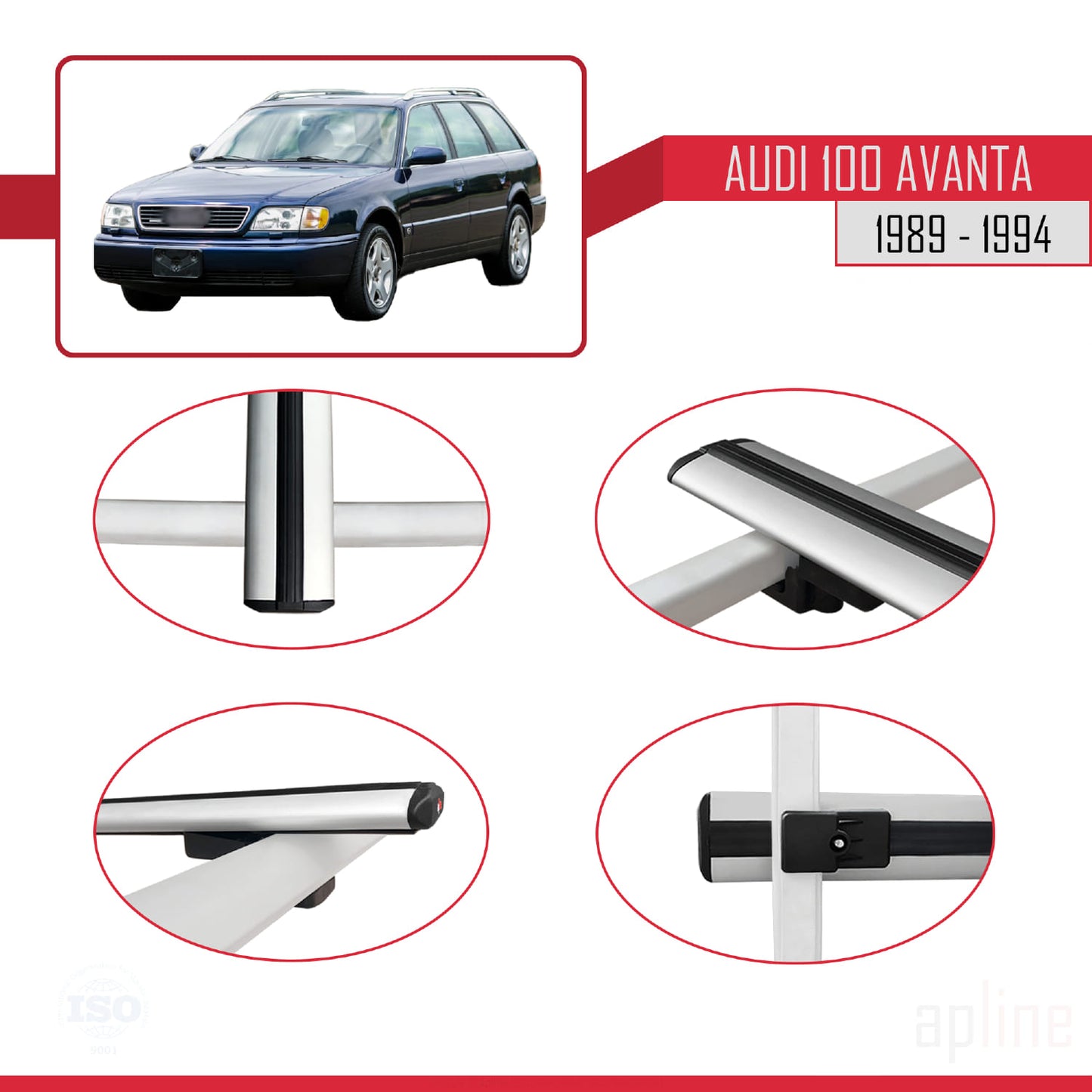 BASIC Model Dakdrager bagagedrager compatibel met Audi 100 Avanta 1989-1994 Spoorstaven Grijs Aluminium 3 Staven
