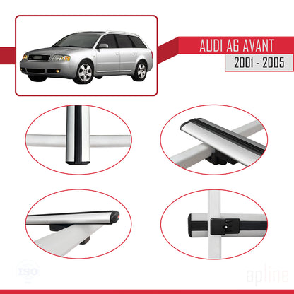 Kompatibel mit Audi A6 Avant 2001-2005 Basismodell Dachgepäckträger, graues Aluminium, 2 Stangen