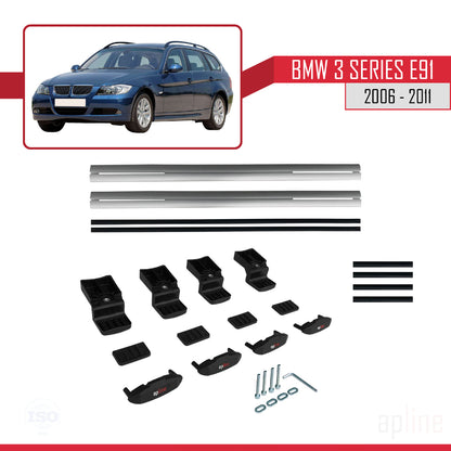 Compatibile con BMW Serie 3 E91 Touring 2006-2011 modello BASIC Barre portatutto per auto Portapacchi in alluminio grigio 2 barre