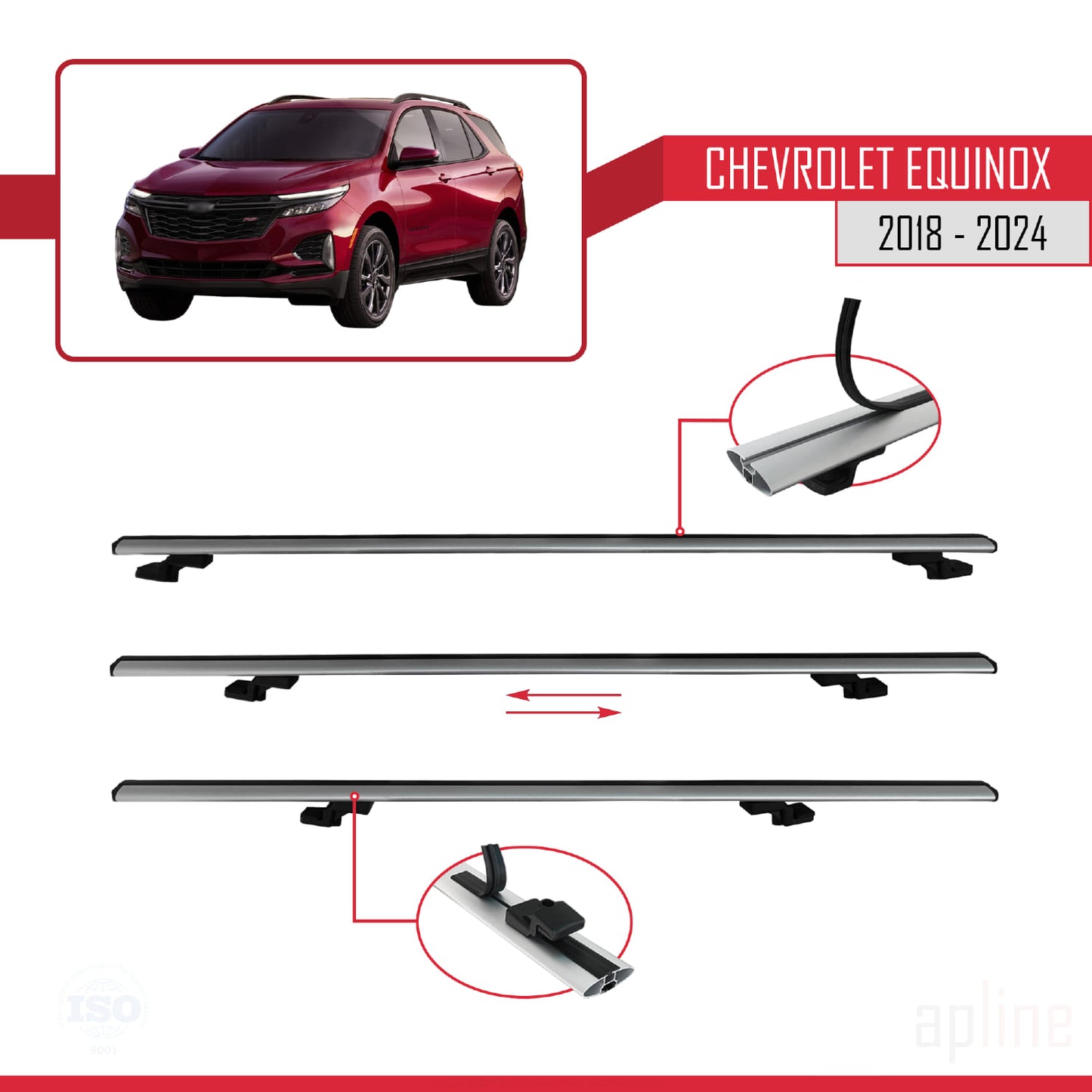 Kompatibel mit Chevrolet Equinox 2018-2024 BASIC Modell Dachgepäckträger, graues Aluminium, 3 Stangen