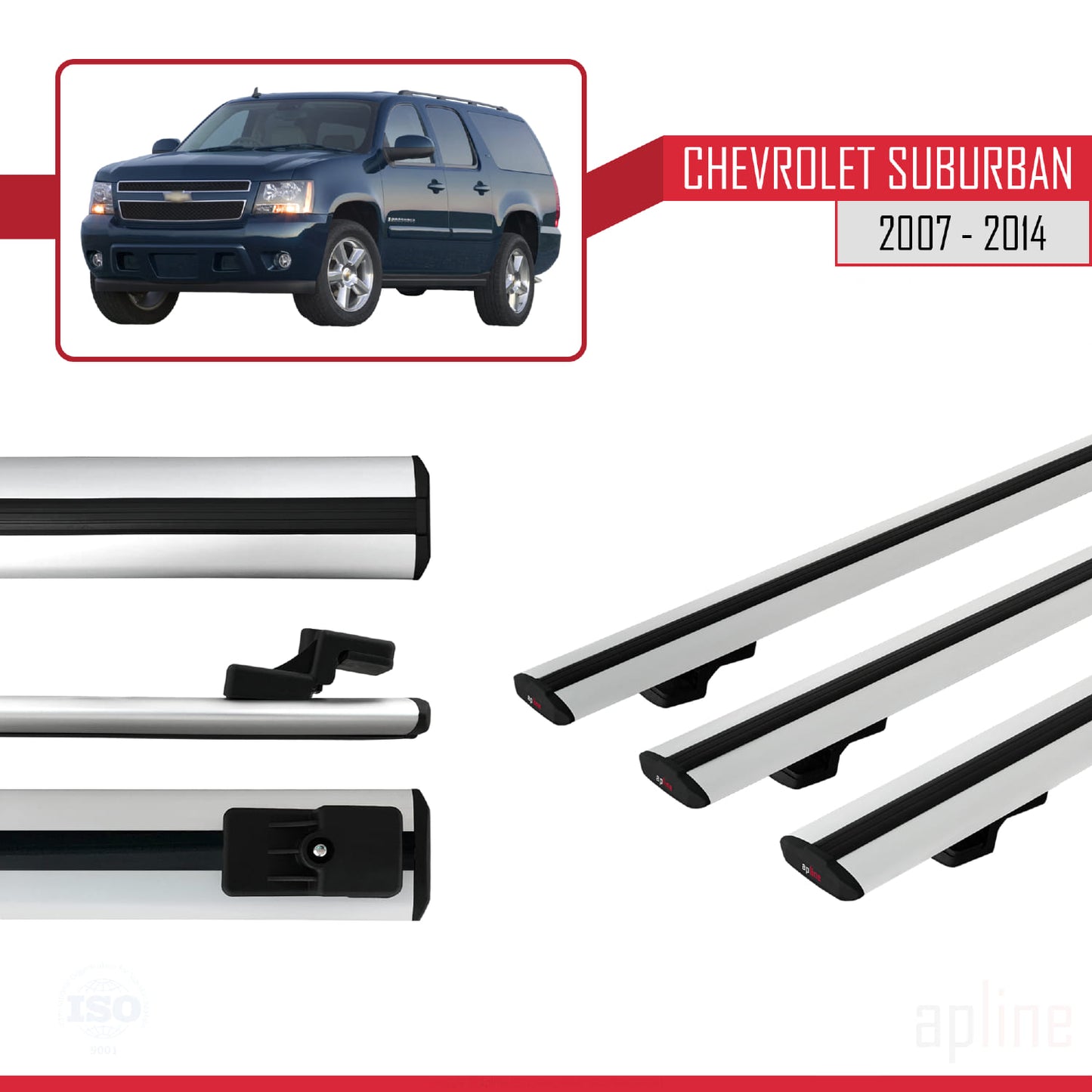 BASIC Model Dakdrager bagagedrager compatibel met Chevrolet Suburban 2007-2014 Spoorstaven Grijs Aluminium 3 Staven