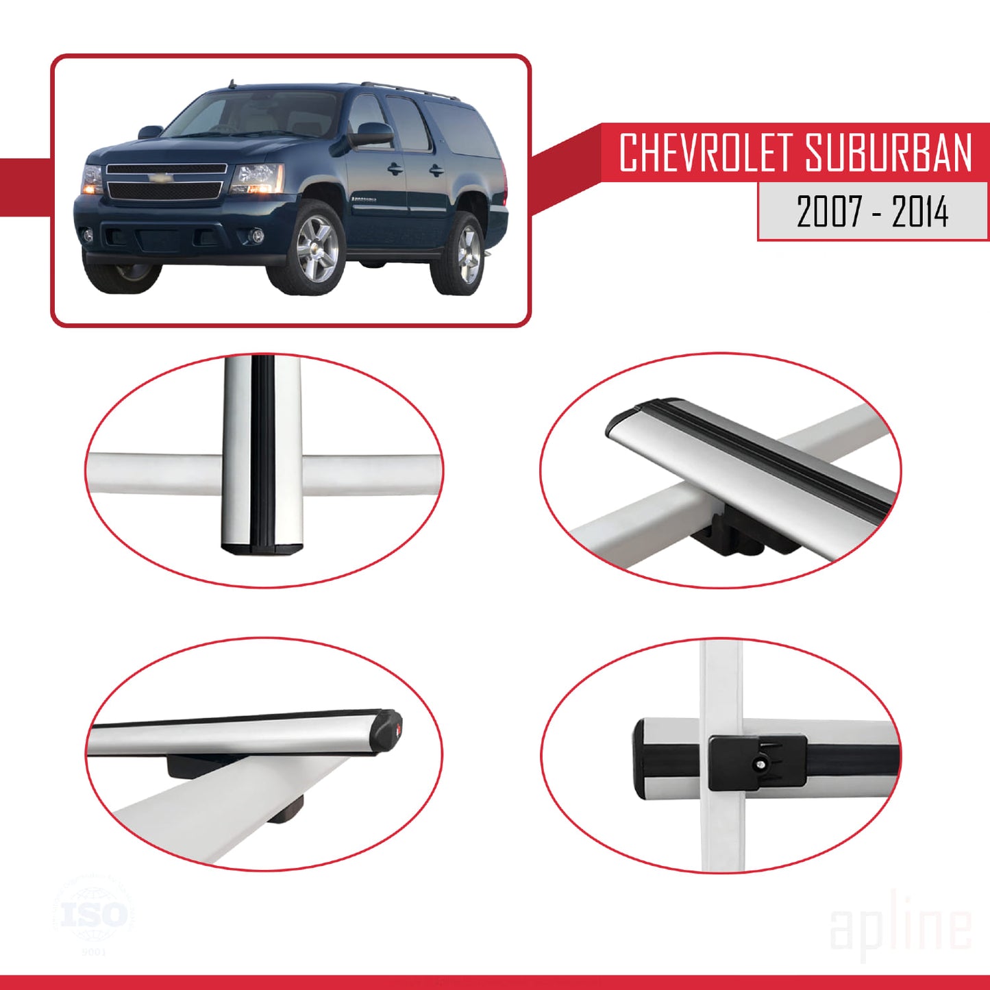 BASIC Model Dakdrager bagagedrager compatibel met Chevrolet Suburban 2007-2014 Spoorstaven Grijs Aluminium 3 Staven