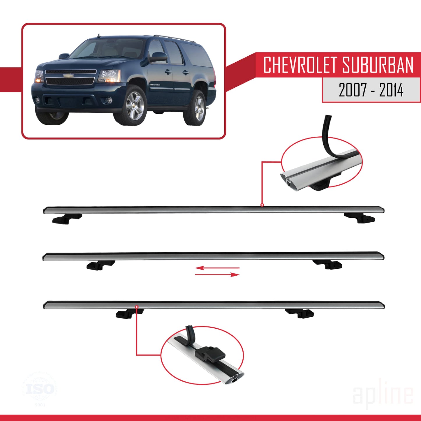 BASIC Model Dakdrager bagagedrager compatibel met Chevrolet Suburban 2007-2014 Spoorstaven Grijs Aluminium 3 Staven