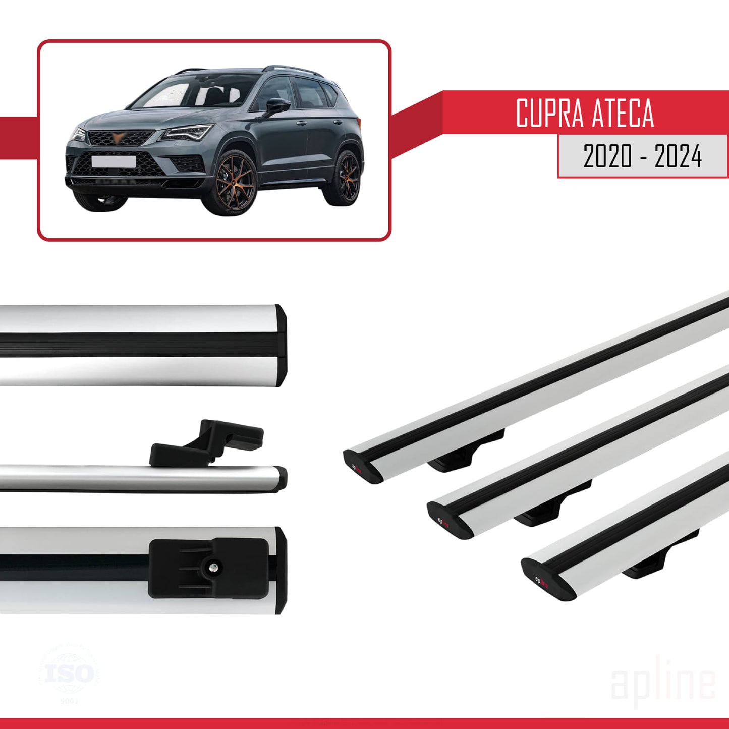 Compatible avec Cupra Ateca 2020-2024 BASIC Model Barres de Toit Railing Porte-Bagages de Voiture Gris Aluminium 3 Barres