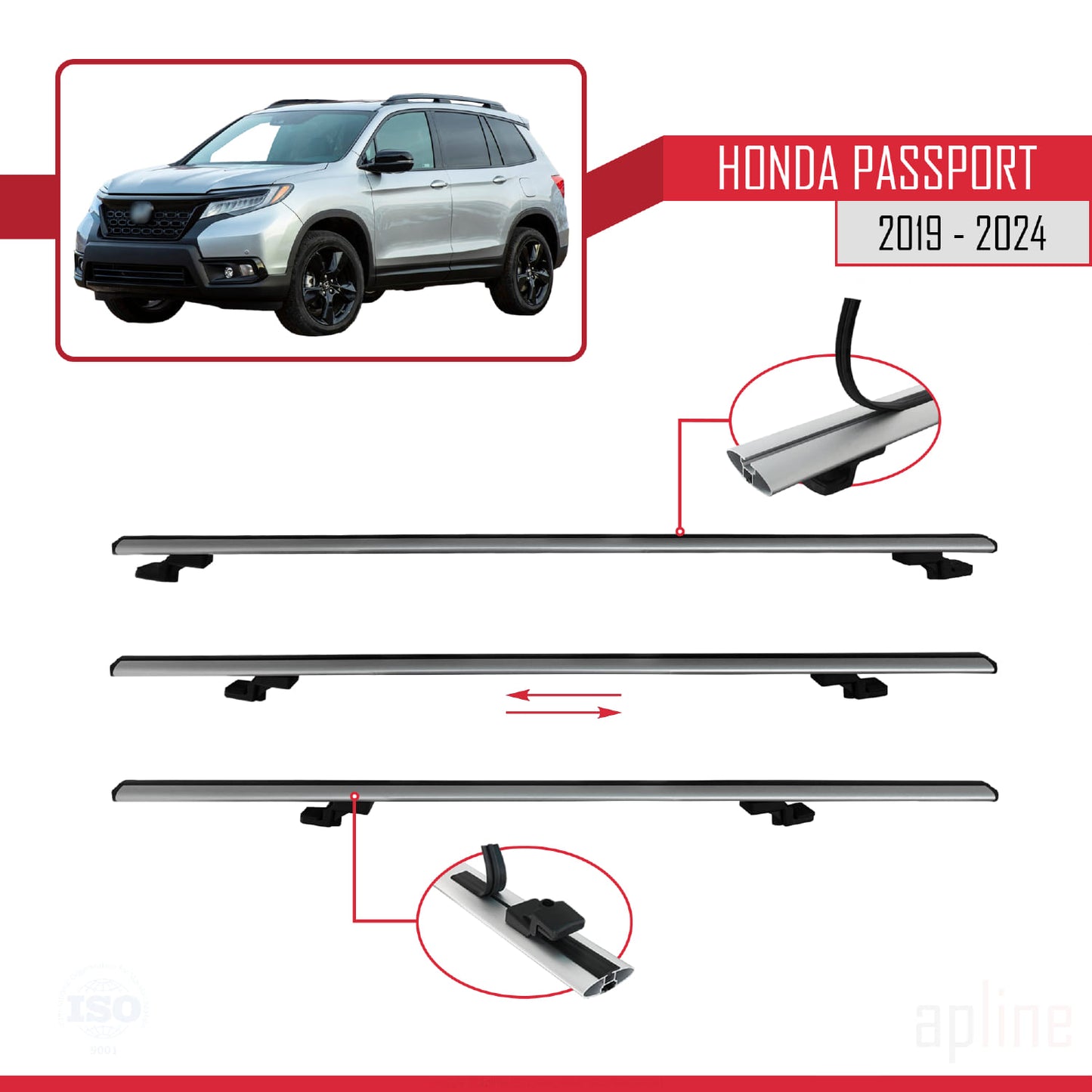 Compatible avec Honda Passport 2019-2024 BASIC Model Barres de Toit Railing Porte-Bagages de Voiture Gris Aluminium 2 Barres