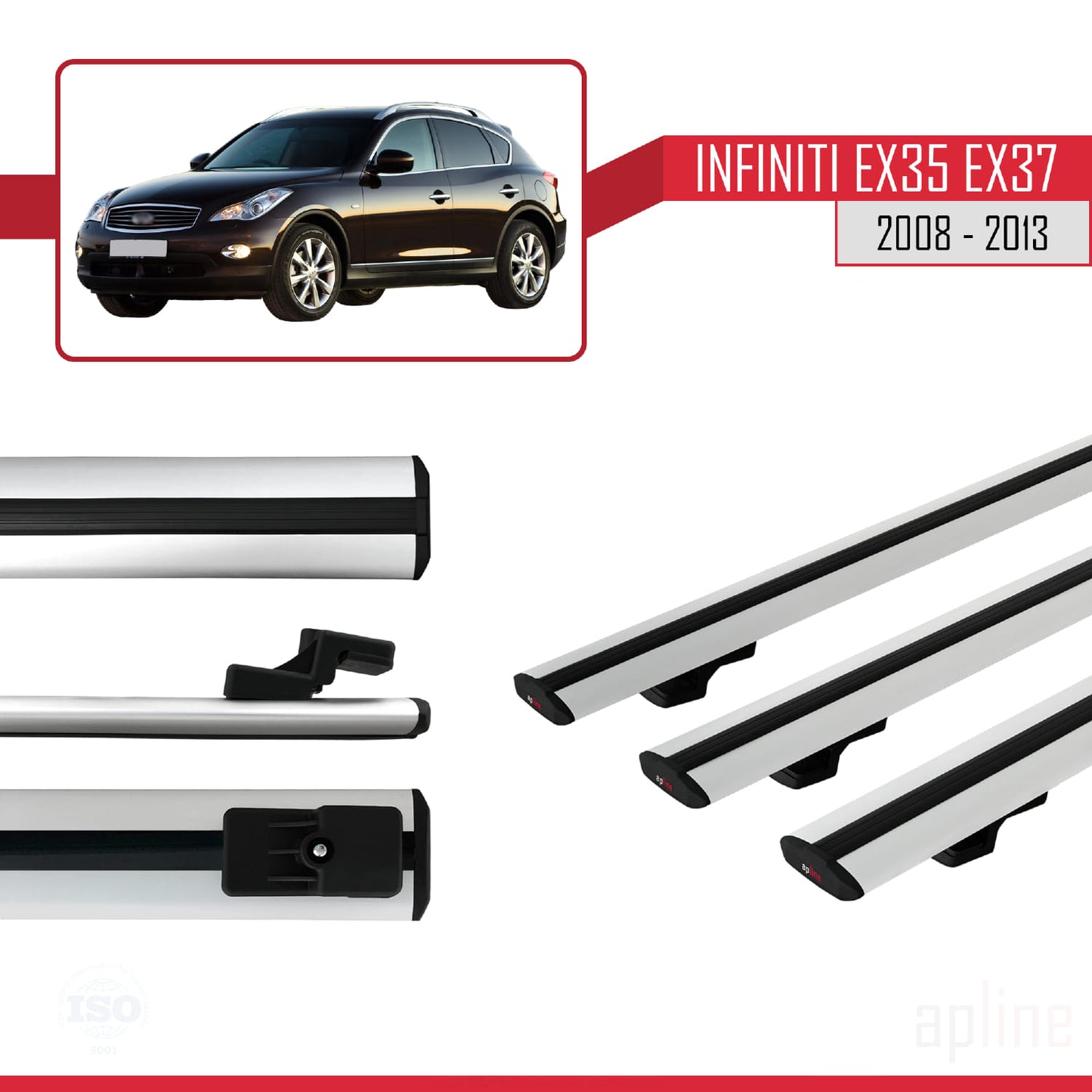 Compatible avec Infiniti EX35 EX37 2008-2013 BASIC Model Barres de Toit Railing Porte-Bagages de Voiture Gris Aluminium 3 Barres