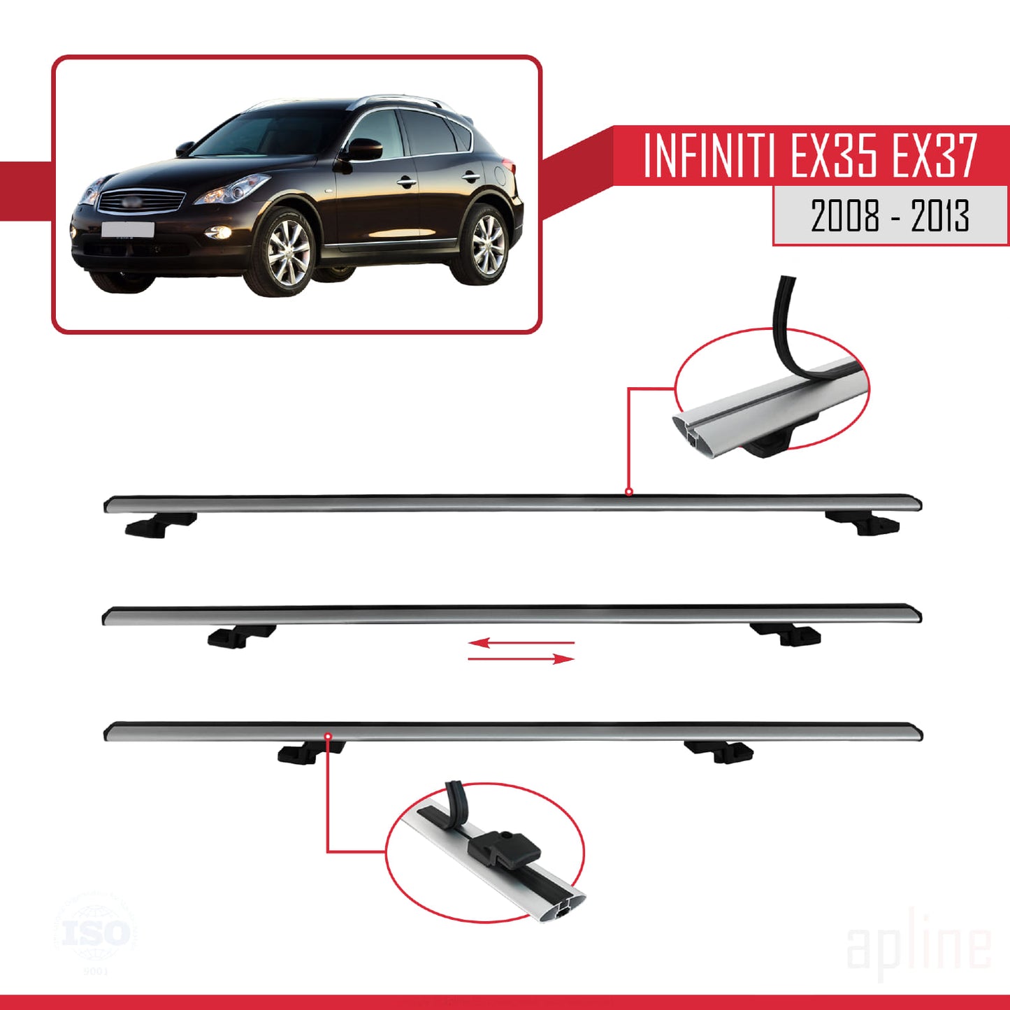 Compatible avec Infiniti EX35 EX37 2008-2013 BASIC Model Barres de Toit Railing Porte-Bagages de Voiture Gris Aluminium 3 Barres