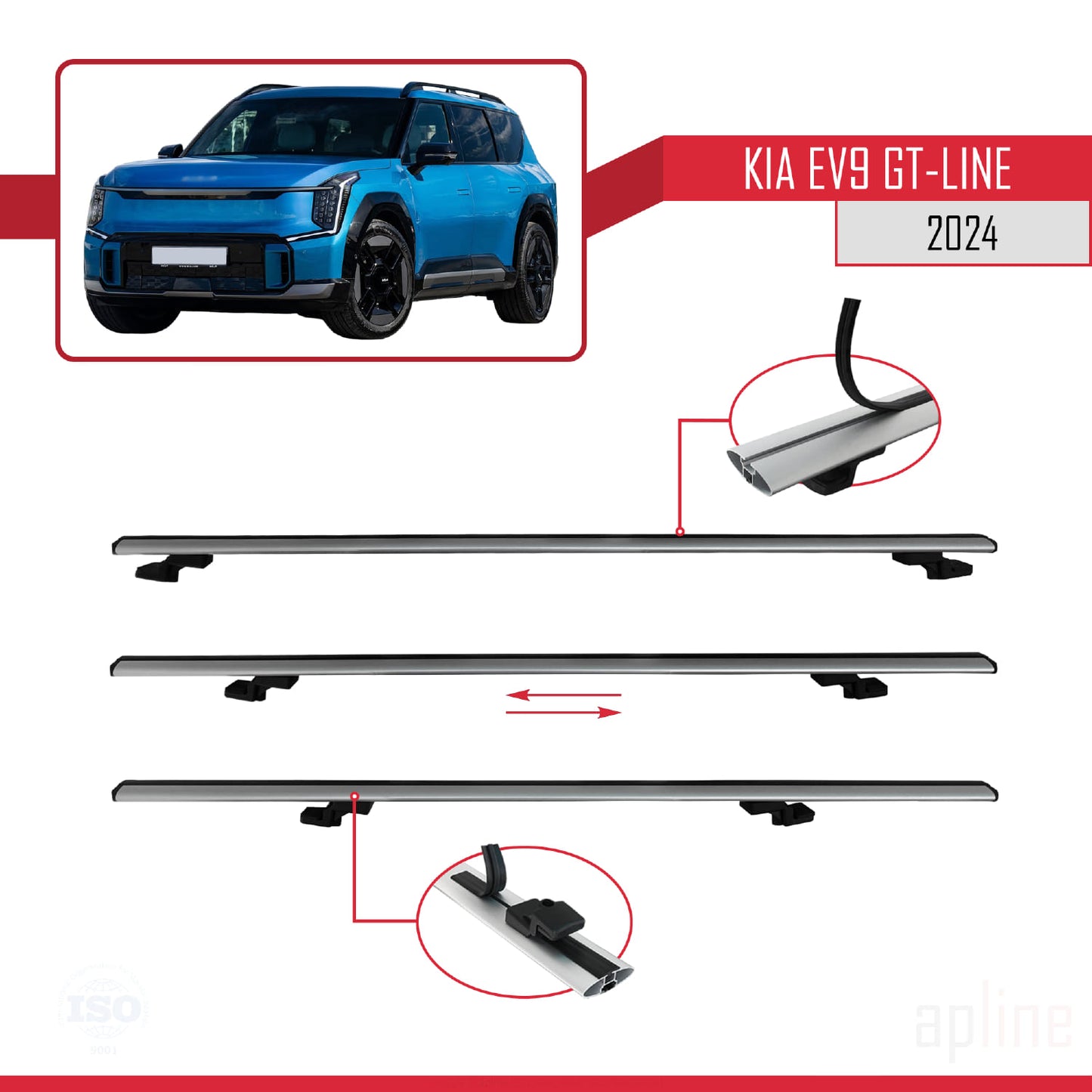 Compatible avec KIA EV9 GT-LINE 2024-2025 BASIC Model Barres de Toit Railing Porte-Bagages de Voiture Gris Aluminium 4 Barres