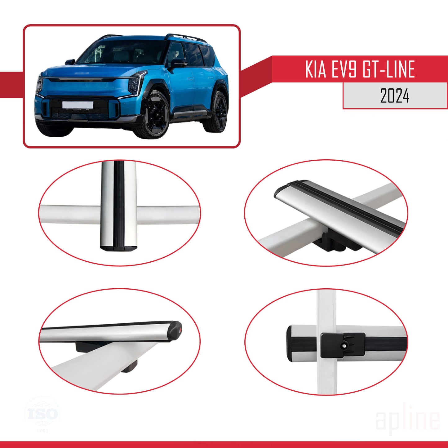 Compatible avec KIA EV9 GT-LINE 2024-2025 BASIC Model Barres de Toit Railing Porte-Bagages de Voiture Gris Aluminium 2 Barres