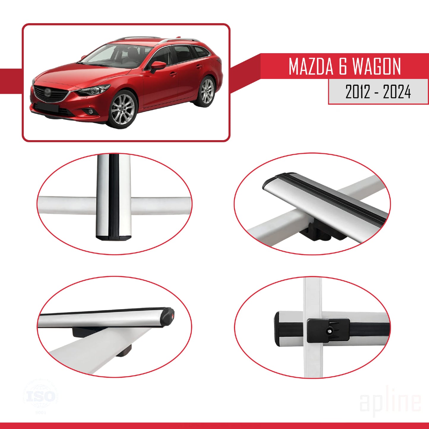 Compatible avec Mazda 6 Wagon 2012-2024 BASIC Model Barres de Toit Railing Porte-Bagages de Voiture Gris Aluminium 2 Barres