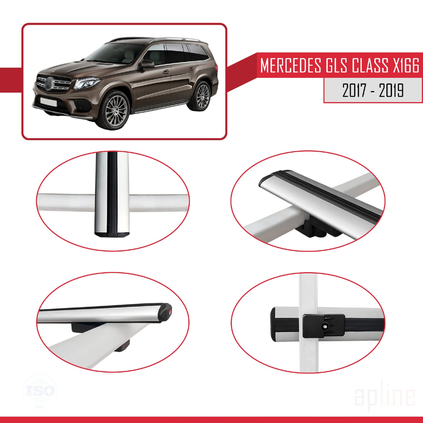 Compatible avec Mercedes GLS Class X166 2017-2019 BASIC Model Barres de Toit Railing Porte-Bagages de Voiture Gris Aluminium 2 Barres