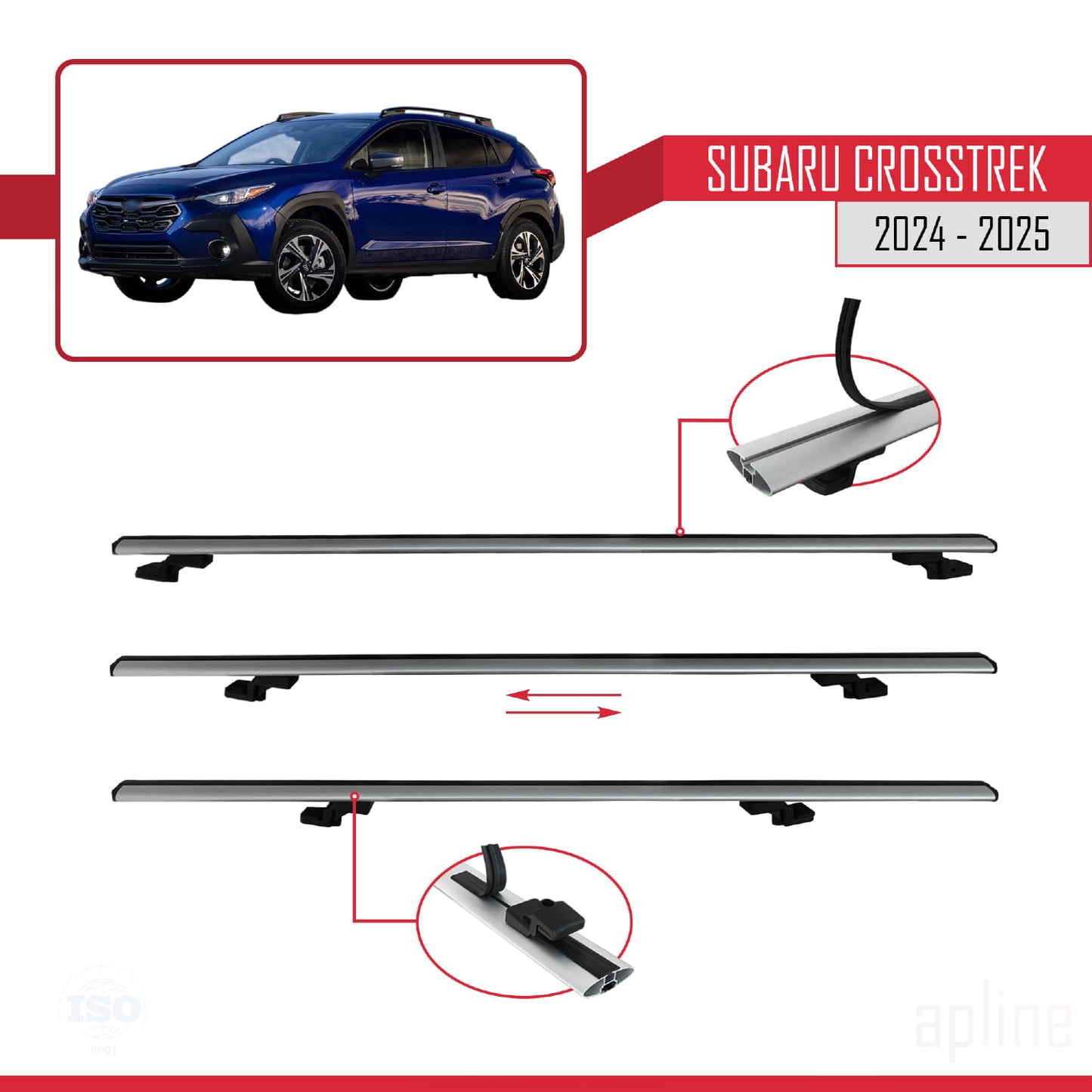 BASIC Model Dakdrager bagagedrager compatibel met Subaru Crosstrek 2024-2025 Spoorstaven Grijs Aluminium 3 Staven