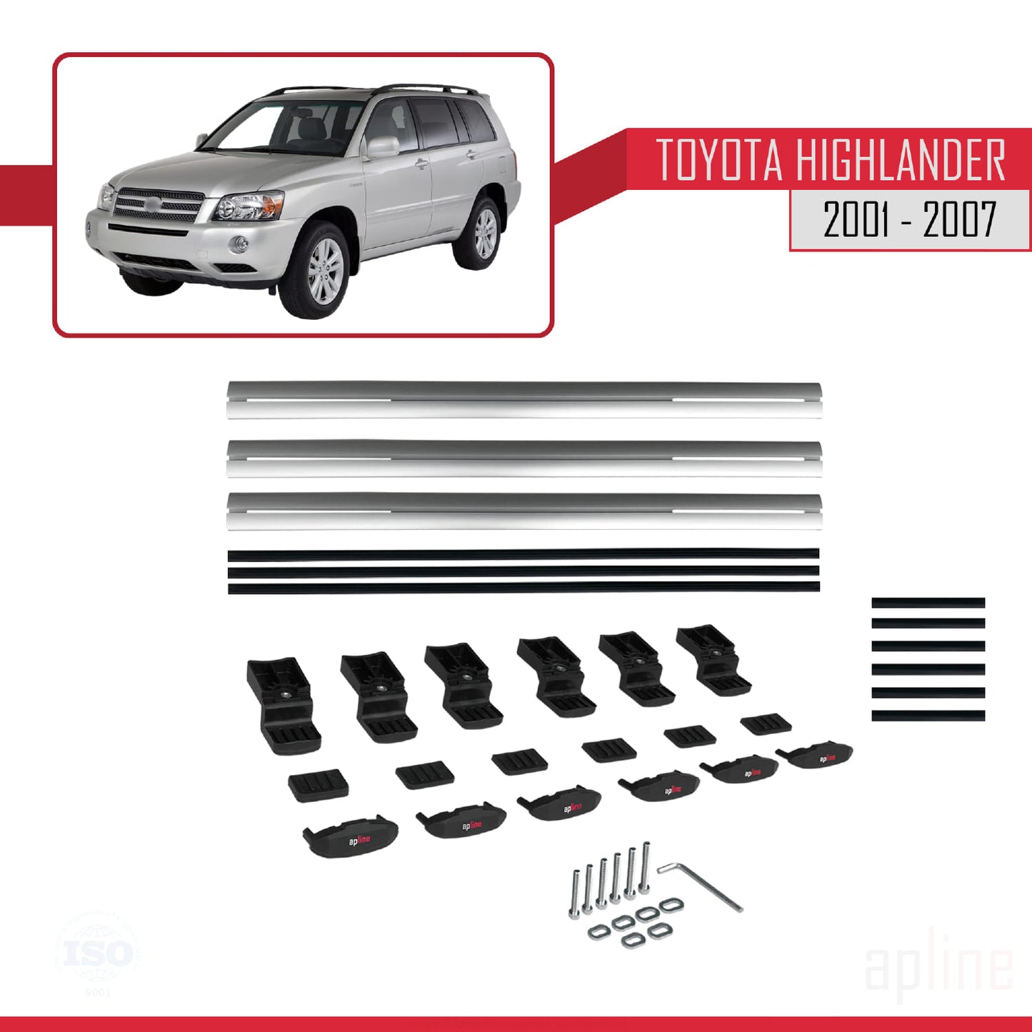 Compatible avec Toyota Highlander 2001-2007 BASIC Model Barres de Toit Railing Porte-Bagages de Voiture Gris Aluminium 3 Barres