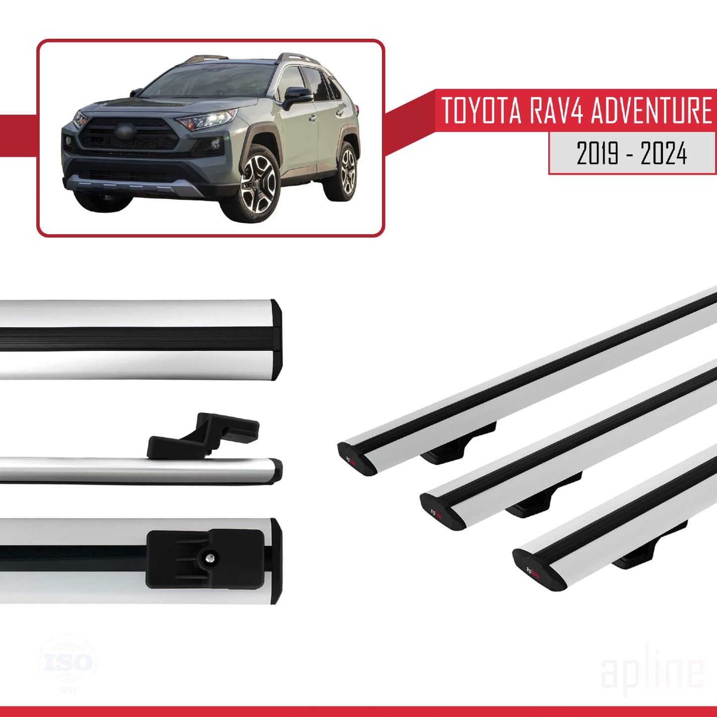 Compatible avec Toyota RAV4 Adventure 2019-2024 BASIC Model Barres de Toit Railing Porte-Bagages de Voiture Gris Aluminium 3 Barres