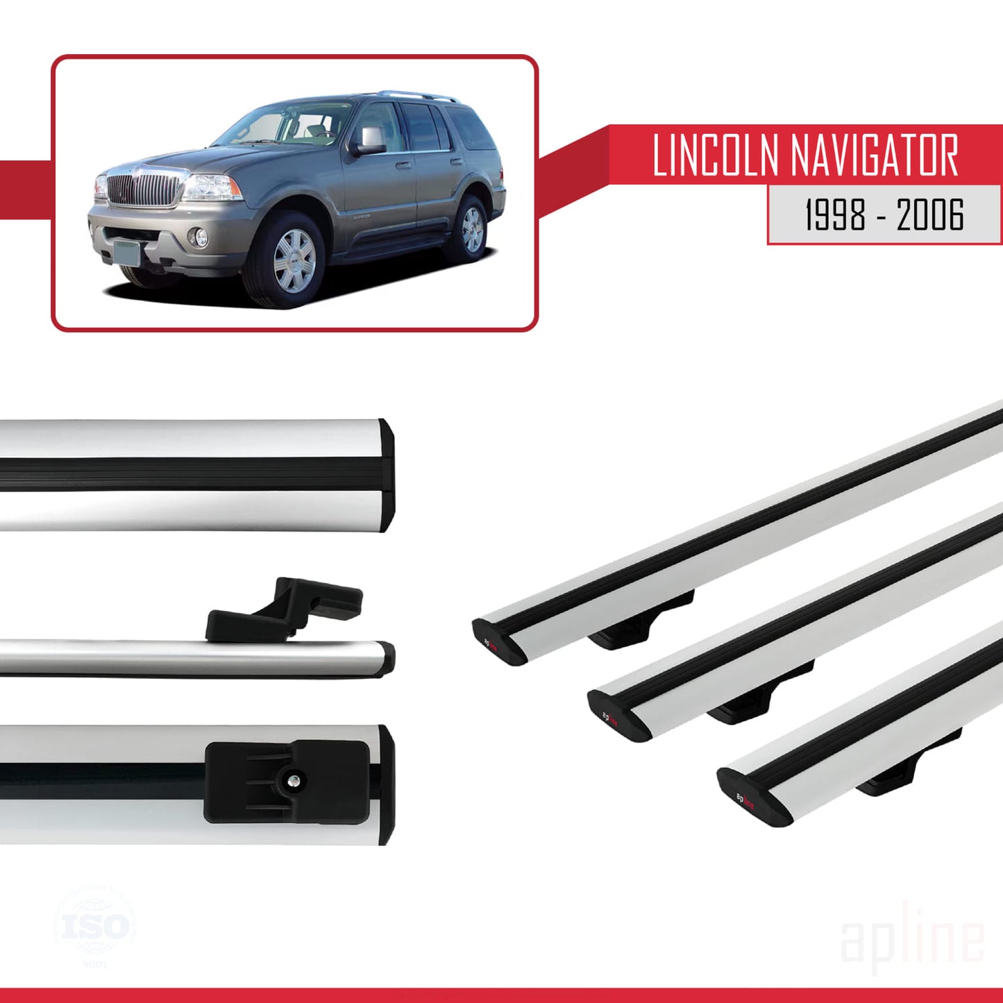 BASIC Model Dakdrager bagagedrager compatibel met Lincoln Navigator 1998-2006 Spoorstaven Grijs Aluminium 3 Staven