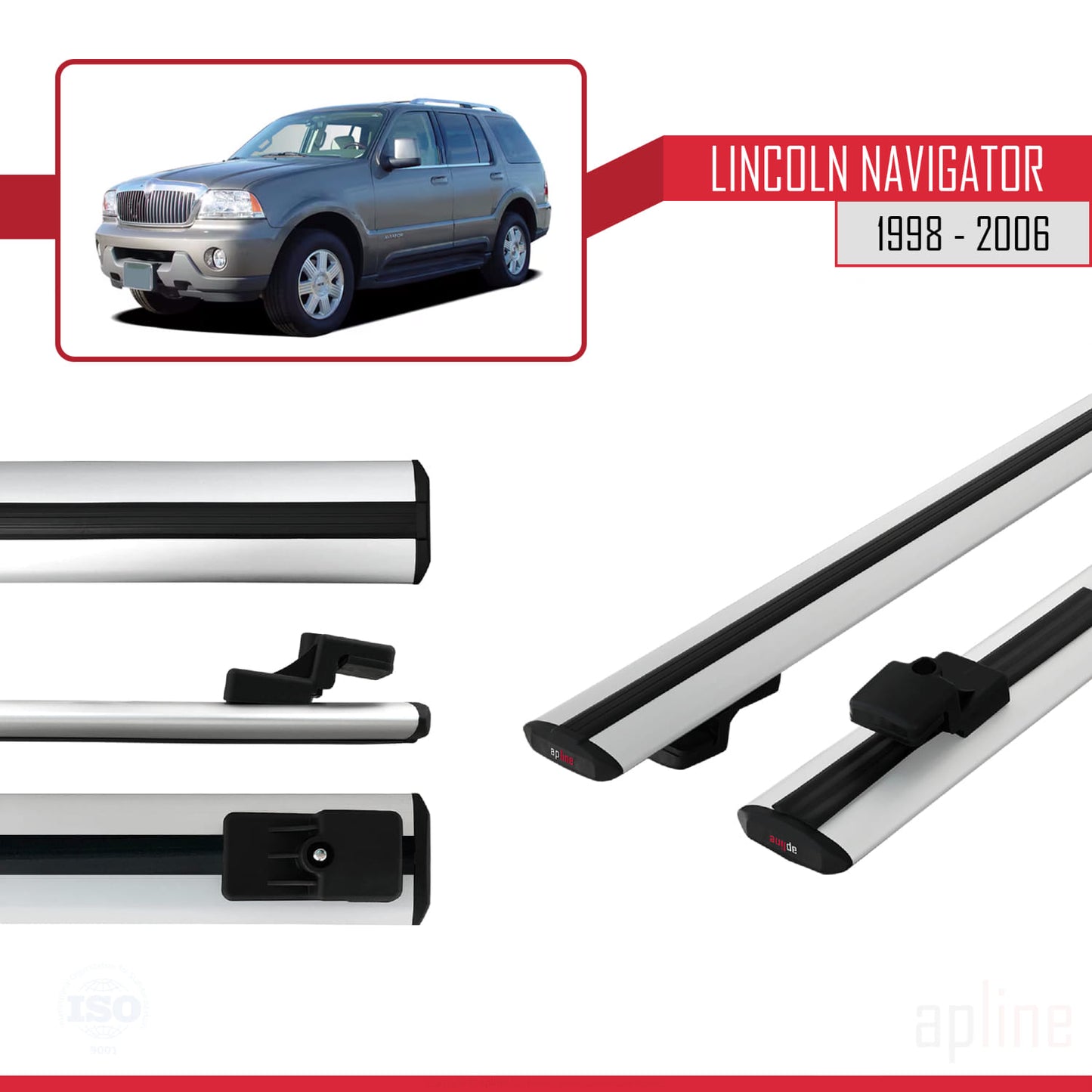 BASIC Model Dakdrager bagagedrager compatibel met Lincoln Navigator 1998-2006 Spoorstaven Grijs Aluminium 2 Staven