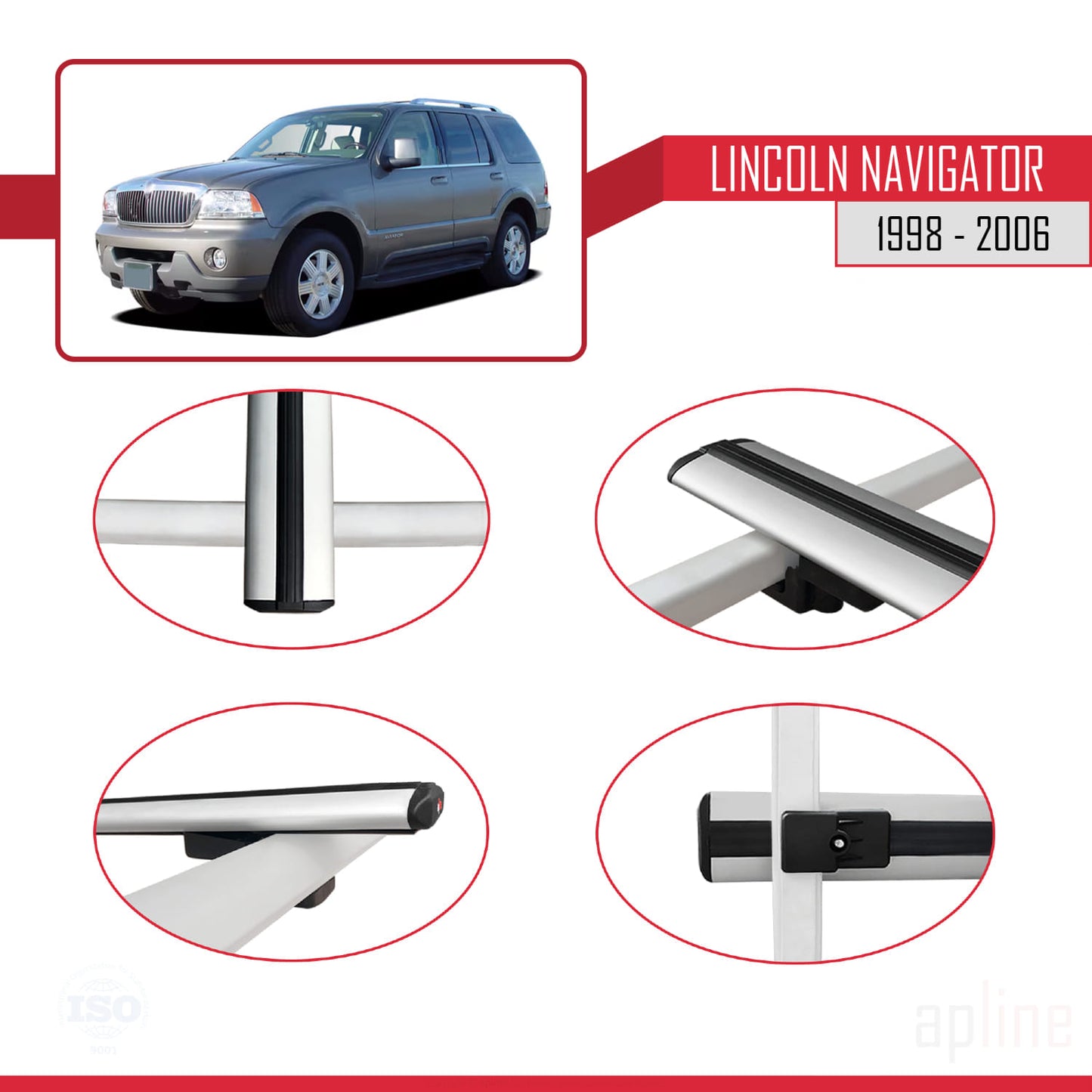 BASIC Model Dakdrager bagagedrager compatibel met Lincoln Navigator 1998-2006 Spoorstaven Grijs Aluminium 2 Staven