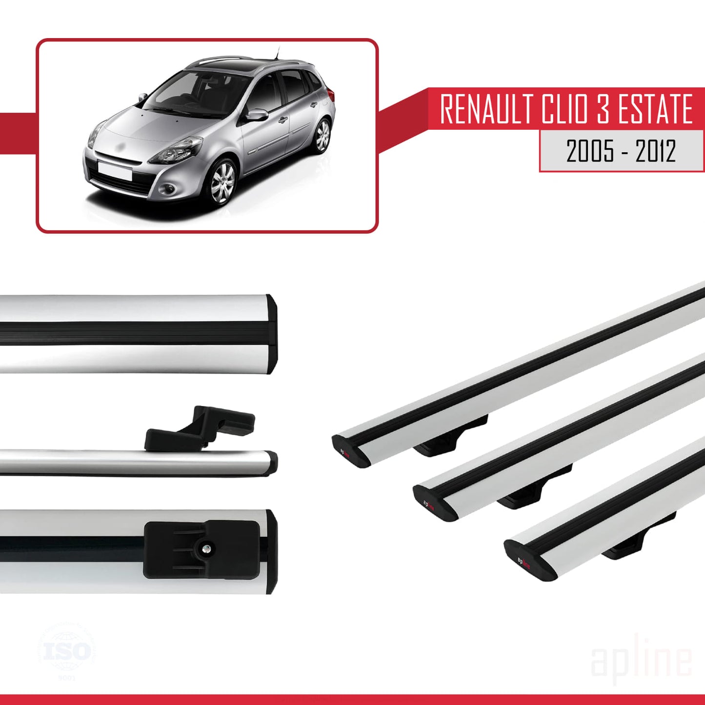 Kompatibel mit Renault Clio 3 Estate 2005-2012 BASIC Model Relingträger Dachträger Auto Gepäckträger Grau Aluminium 3 Stangen
