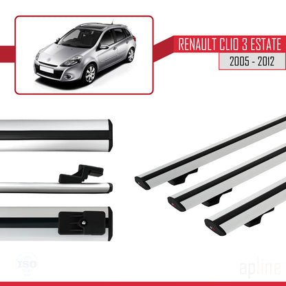 Kompatibel mit Renault Clio 3 Estate 2005-2012 BASIC Model Relingträger Dachträger Auto Gepäckträger Grau Aluminium 3 Stangen