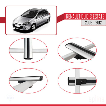 Kompatibel mit Renault Clio 3 Estate 2005-2012 BASIC Model Relingträger Dachträger Auto Gepäckträger Grau Aluminium 3 Stangen