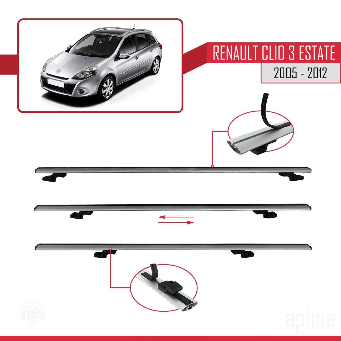 Kompatibel mit Renault Clio 3 Estate 2005-2012 BASIC Model Relingträger Dachträger Auto Gepäckträger Grau Aluminium 3 Stangen