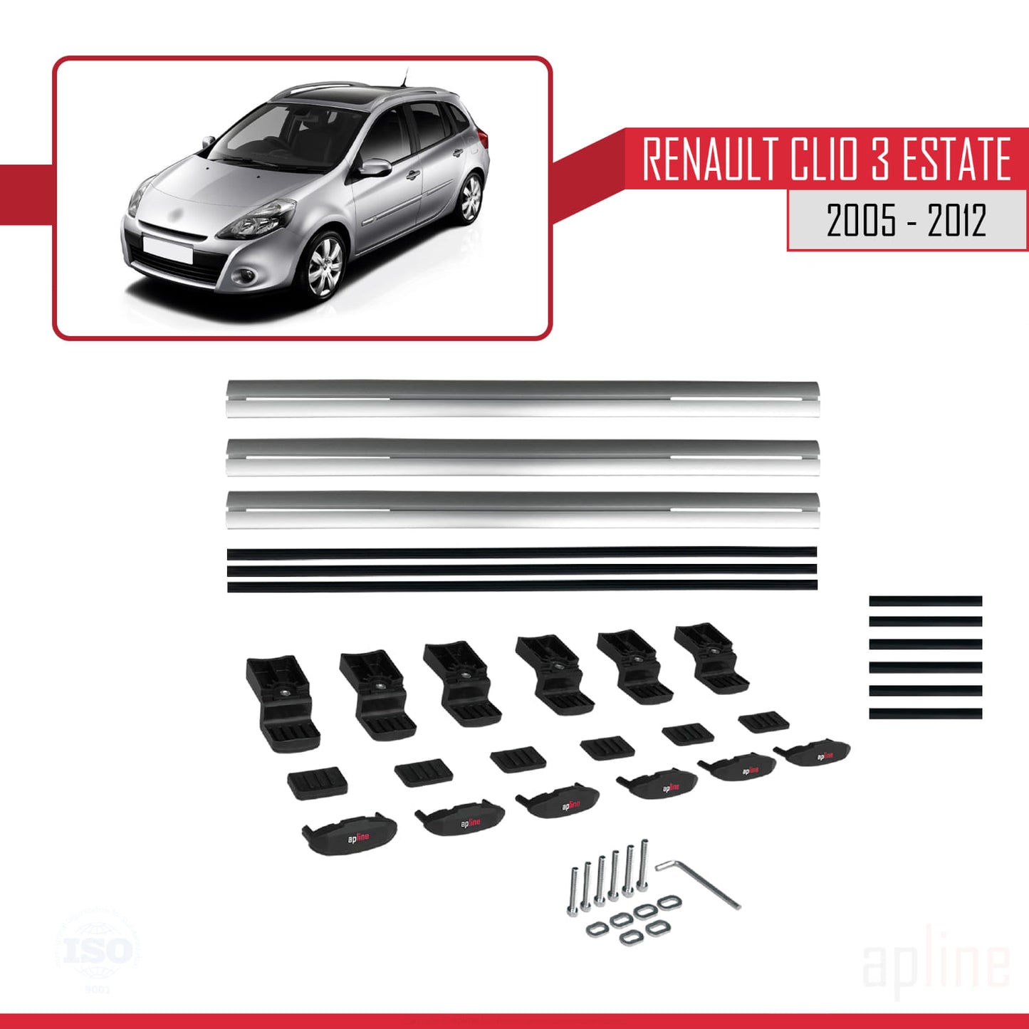 Kompatibel mit Renault Clio 3 Estate 2005-2012 BASIC Model Relingträger Dachträger Auto Gepäckträger Grau Aluminium 3 Stangen