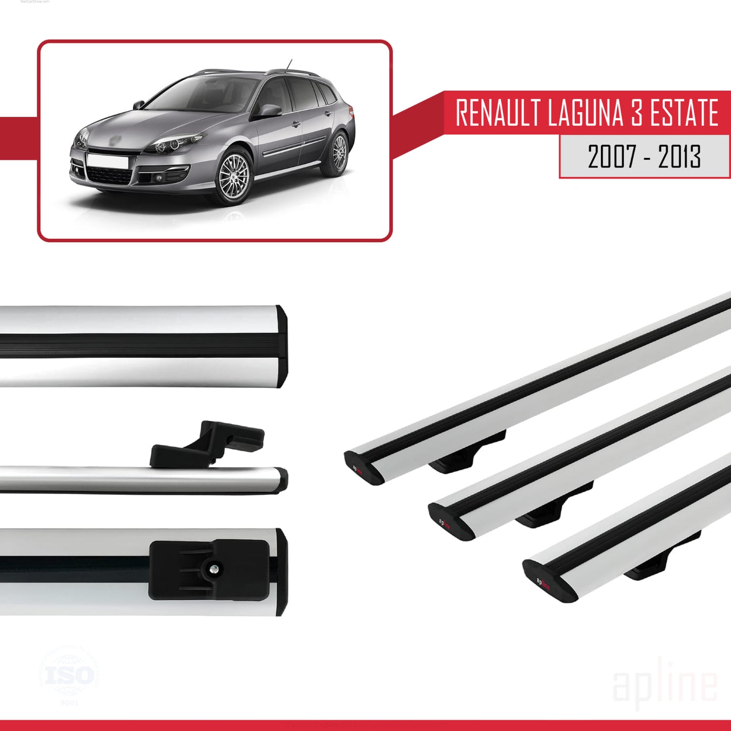 BASIC Model Dakdrager bagagedrager compatibel met Renault Laguna 3 Estate 2007-2013 Spoorstaven Grijs Aluminium 3 Staven