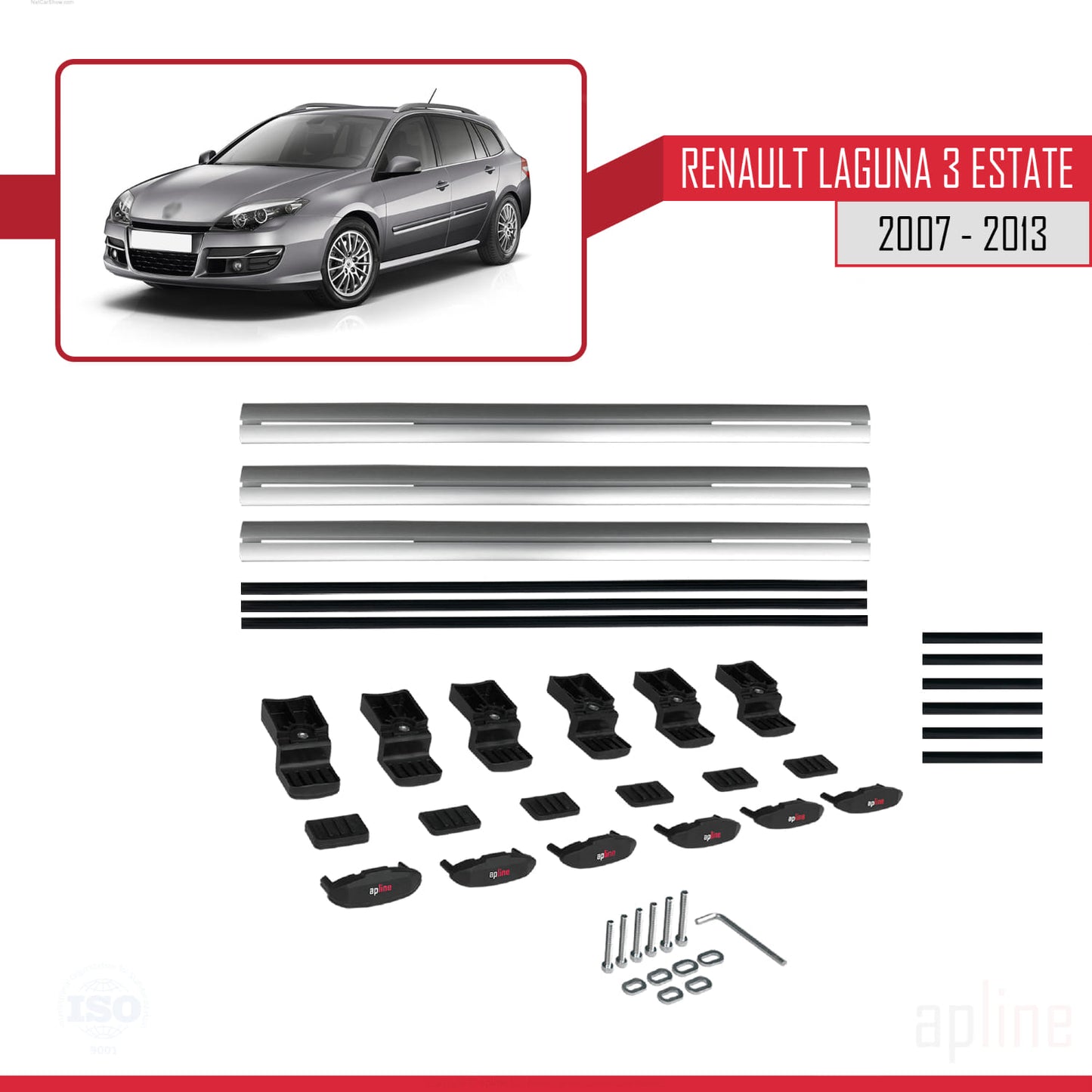 BASIC Model Dakdrager bagagedrager compatibel met Renault Laguna 3 Estate 2007-2013 Spoorstaven Grijs Aluminium 3 Staven