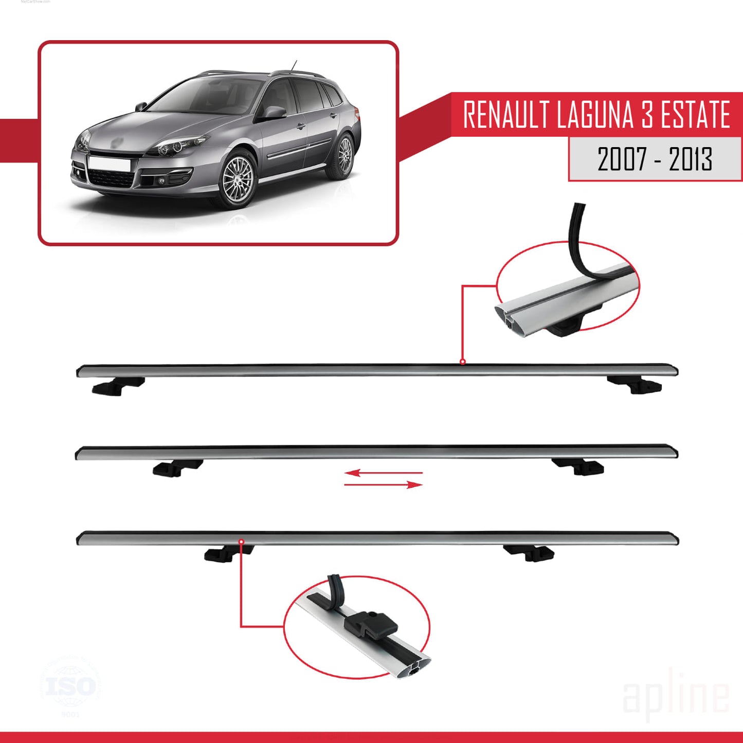 BASIC Model Dakdrager bagagedrager compatibel met Renault Laguna 3 Estate 2007-2013 Spoorstaven Grijs Aluminium 2 Staven