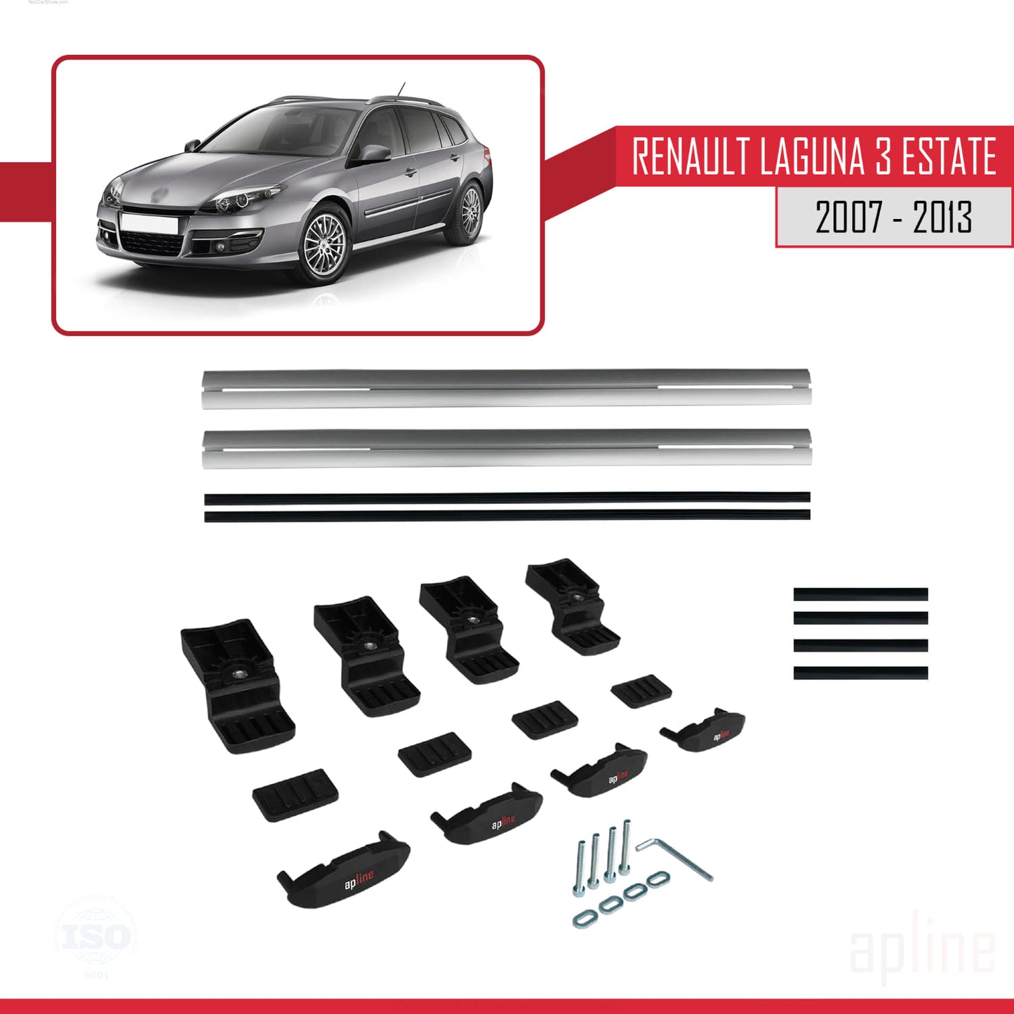 BASIC Model Dakdrager bagagedrager compatibel met Renault Laguna 3 Estate 2007-2013 Spoorstaven Grijs Aluminium 2 Staven