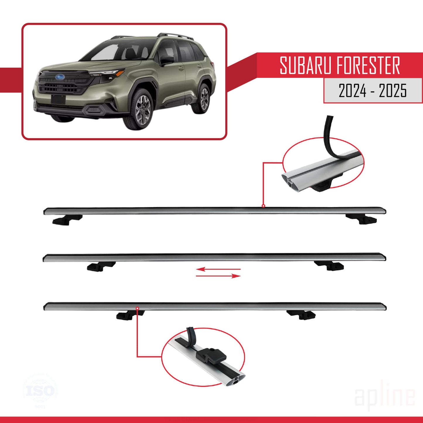Compatible avec Subaru Forester 2024-2025 BASIC Model Barres de Toit Relevé (Raised Roof) Railing Porte-Bagages de Voiture Gris Aluminium 2 Barres