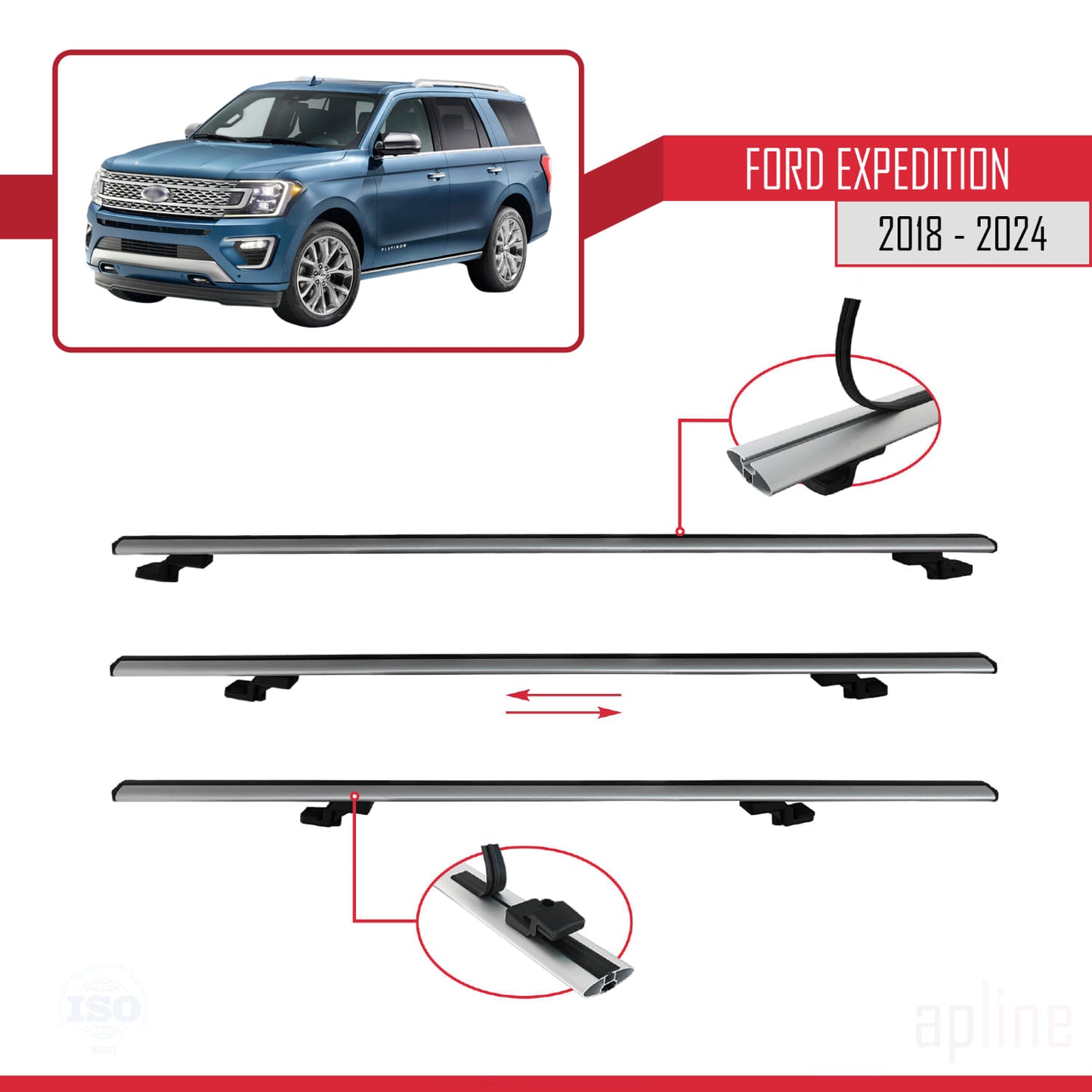 Compatible avec Ford Expedition 2018-2024 BASIC Model Barres de Toit Railing Porte-Bagages de Voiture Gris Aluminium 2 Barres