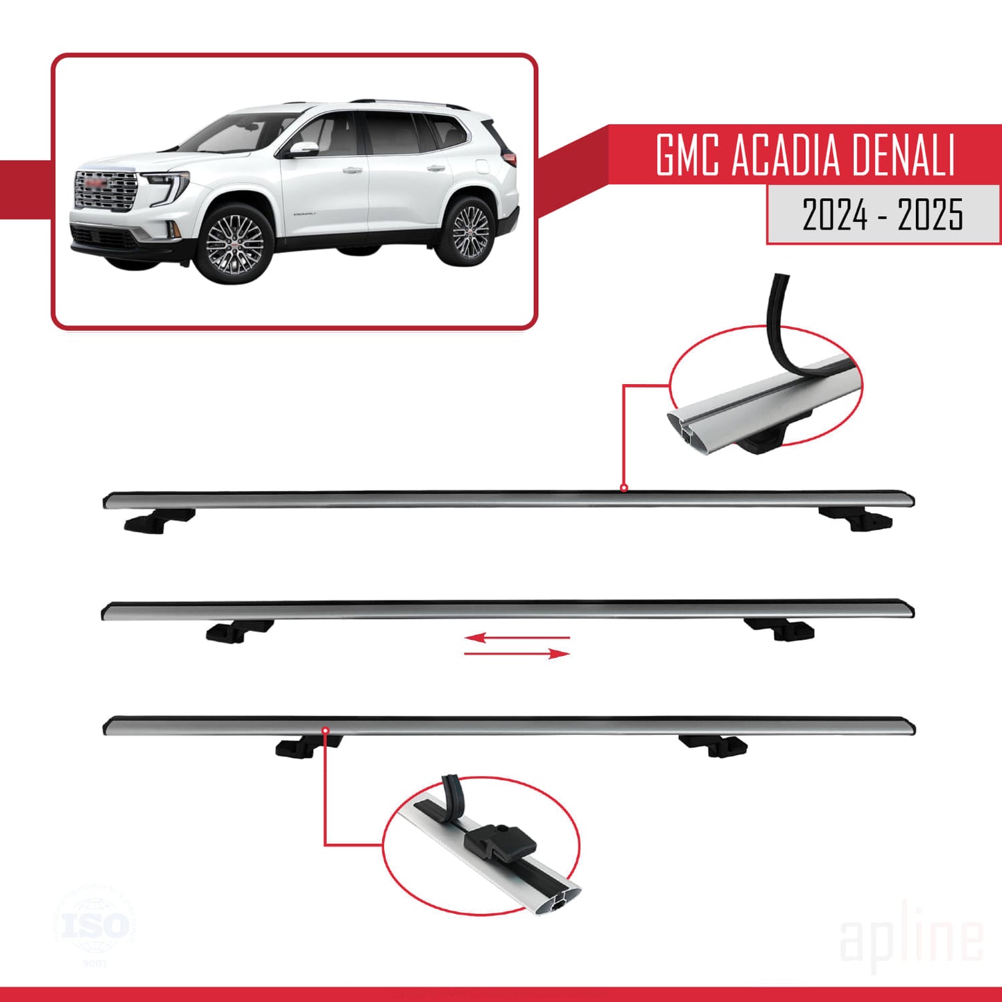 Compatible con GMC Acadia Denali 2024-2025 BASIC Model Barras de Techo Auto Portaequipajes Barras Transversales Gris Aluminio 2 Barras