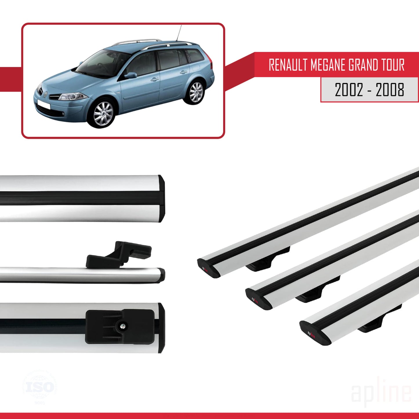 Compatible avec Renault Megane Grand Tour 2002-2008 BASIC Model Barres de Toit Railing Porte-Bagages de Voiture Gris Aluminium 3 Barres