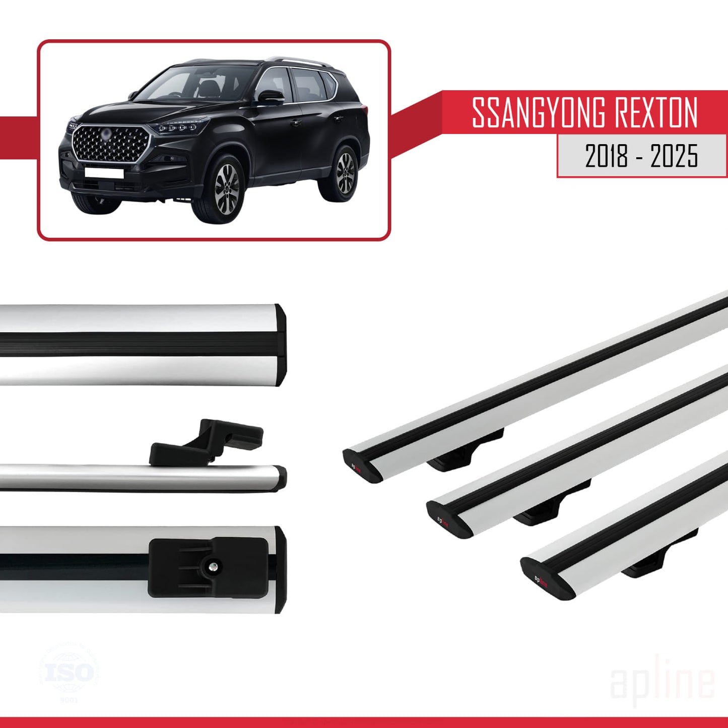 Compatible avec SsangYong Rexton 2018-2025 BASIC Model Barres de Toit Railing Porte-Bagages de Voiture Gris Aluminium 3 Barres