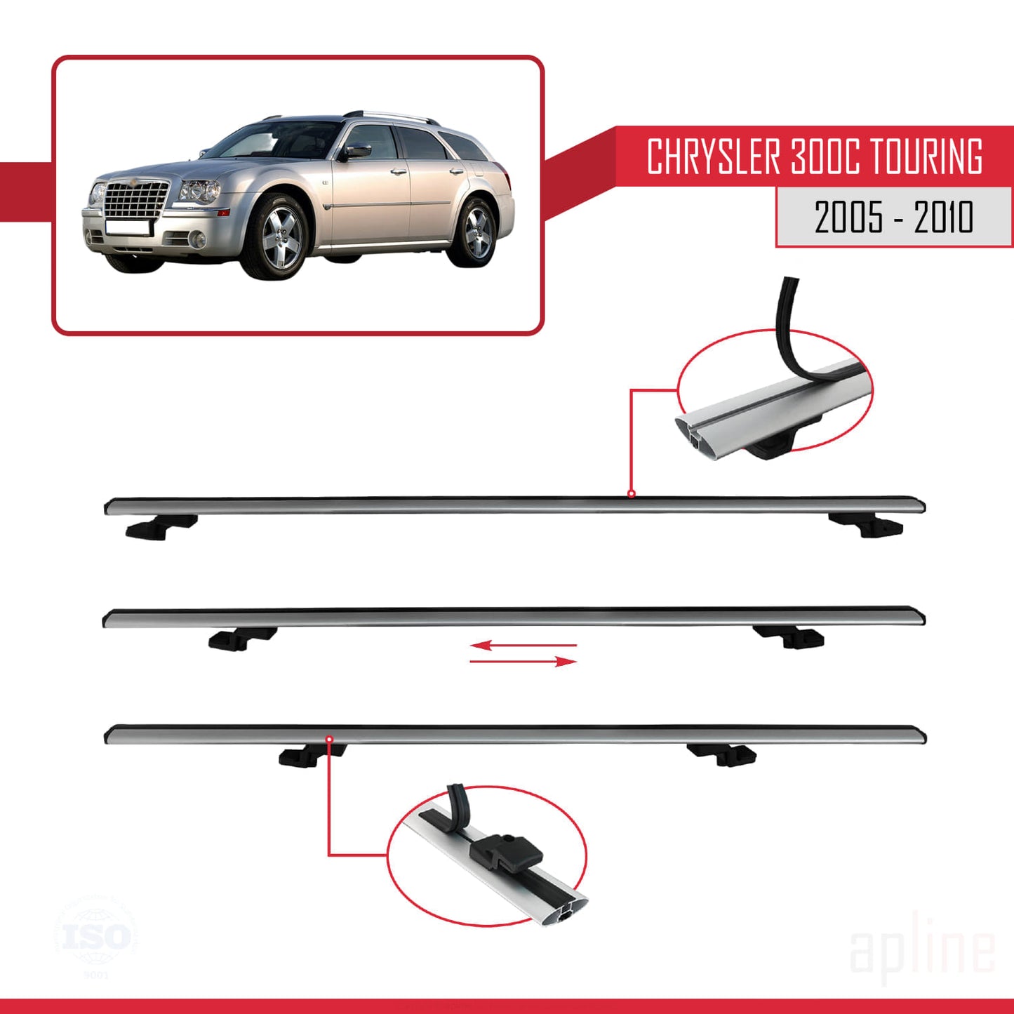 Compatible avec Chrysler 300C Touring 2005-2010 BASIC Model Barres de Toit Railing Porte-Bagages de Voiture Gris Aluminium 3 Barres