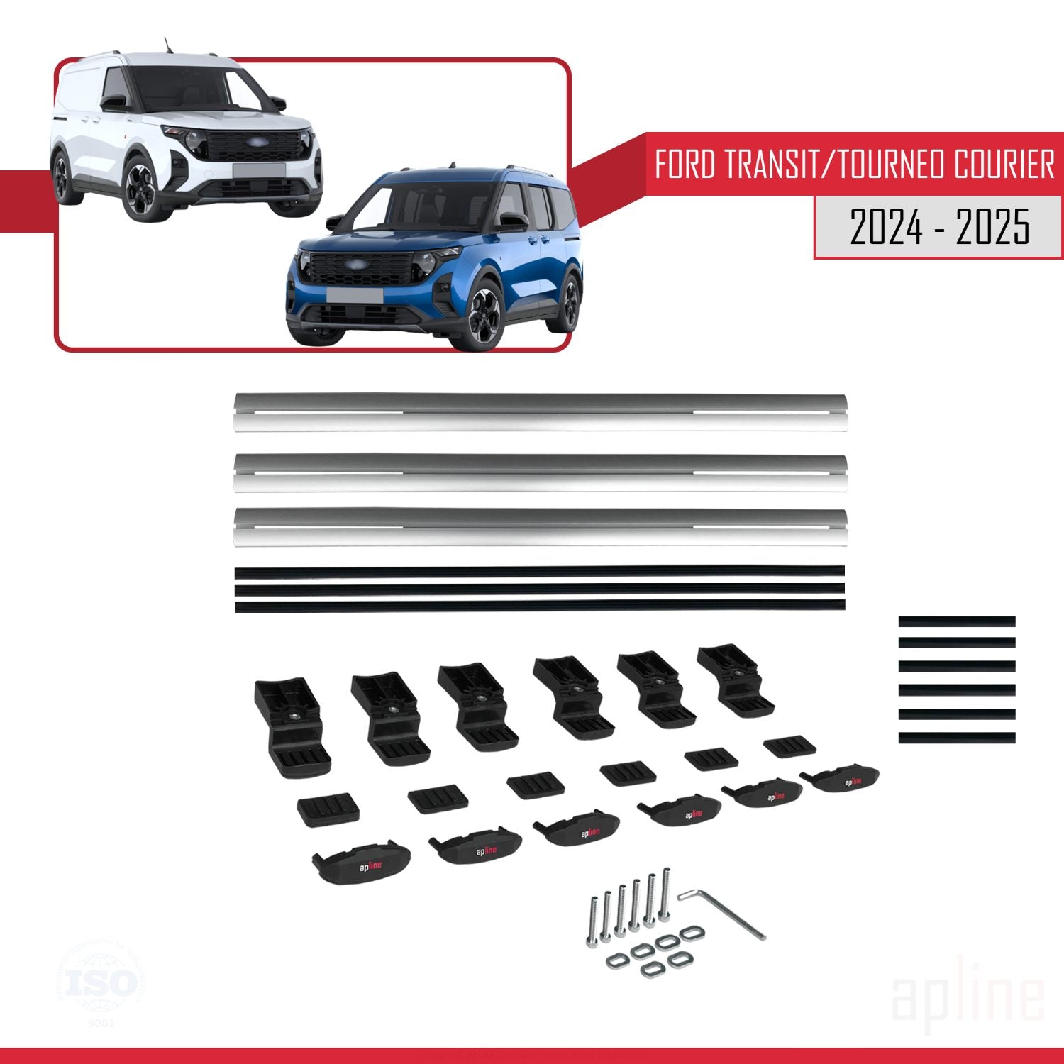 Compatible avec Ford Transit/Tourneo Courier 2024-2025 BASIC Model Barres de Toit Railing Porte-Bagages de Voiture Gris Aluminium 3 Barres