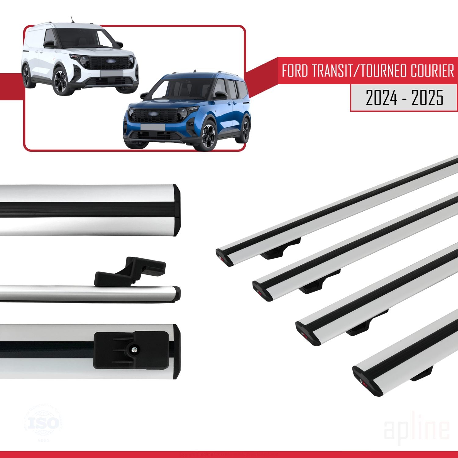 Compatible avec Ford Transit/Tourneo Courier 2024-2025 BASIC Model Barres de Toit Railing Porte-Bagages de Voiture Gris Aluminium 4 Barres