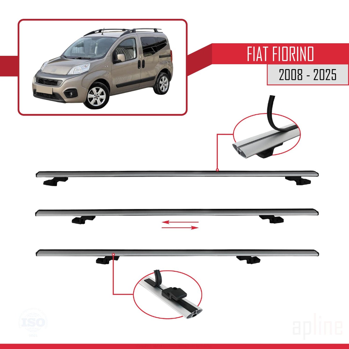 Compatibile con Fiat Fiorino (Modello Tubolare) 2008-2025 Modello BASIC Barre Portatutto Portapacchi Auto Alluminio Grigio 3 Barre