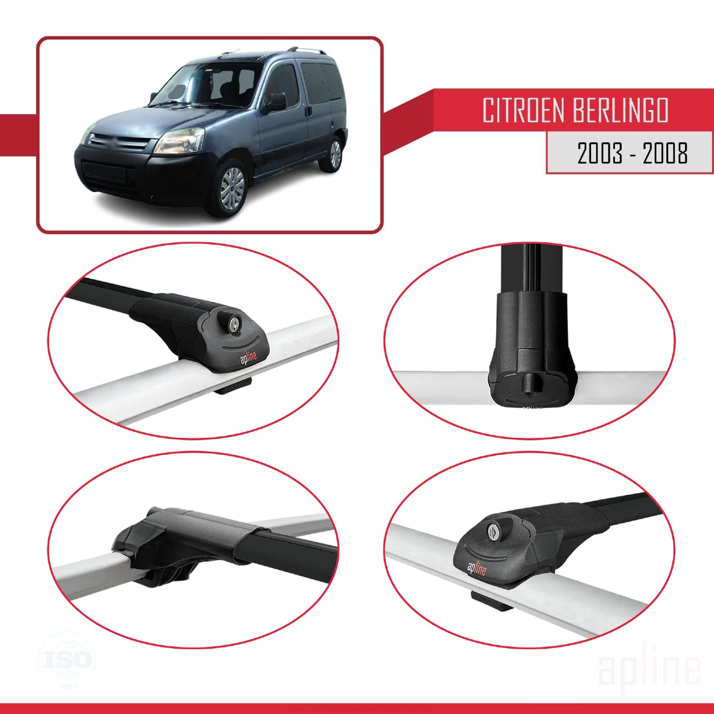 Compatible avec Citroen Berlingo (M59) 2003-2008 ACE-1 Barres de Toit Railing Porte-Bagages de Voiture Noir Aluminium 2 Barres