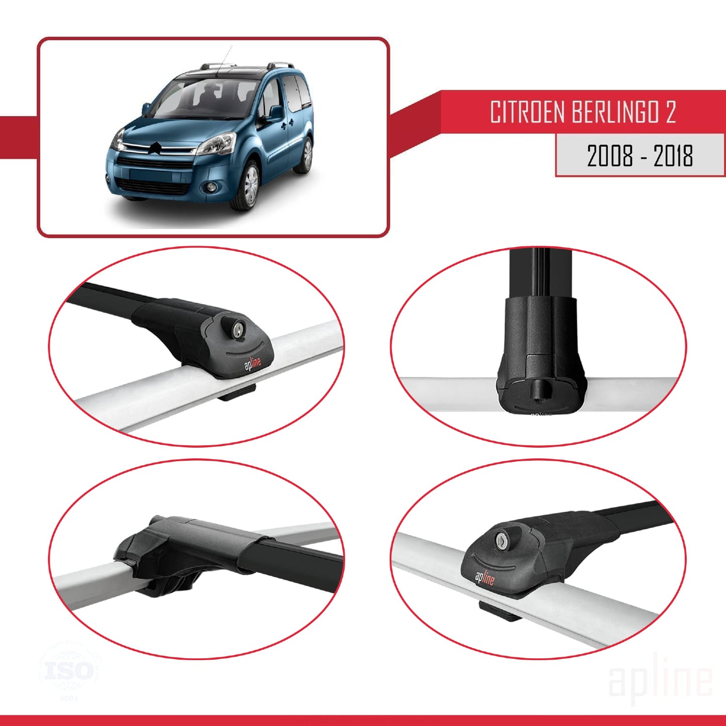 Compatibile con Citroen Berlingo 2 (B9) 2008-2018 ACE-1 Barre portatutto per auto Portapacchi in alluminio nero 2 barre