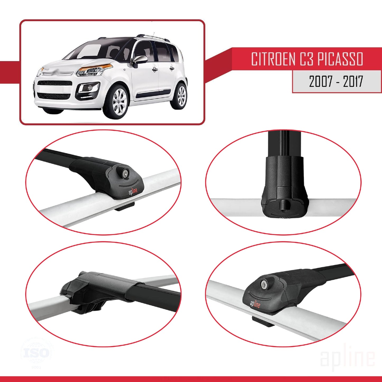 Kompatibel mit Citroen C3 Picasso 2009-2017 ACE-1 Relingträger Dachträger Auto Gepäckträger Schwarz Aluminium 3 Stangen