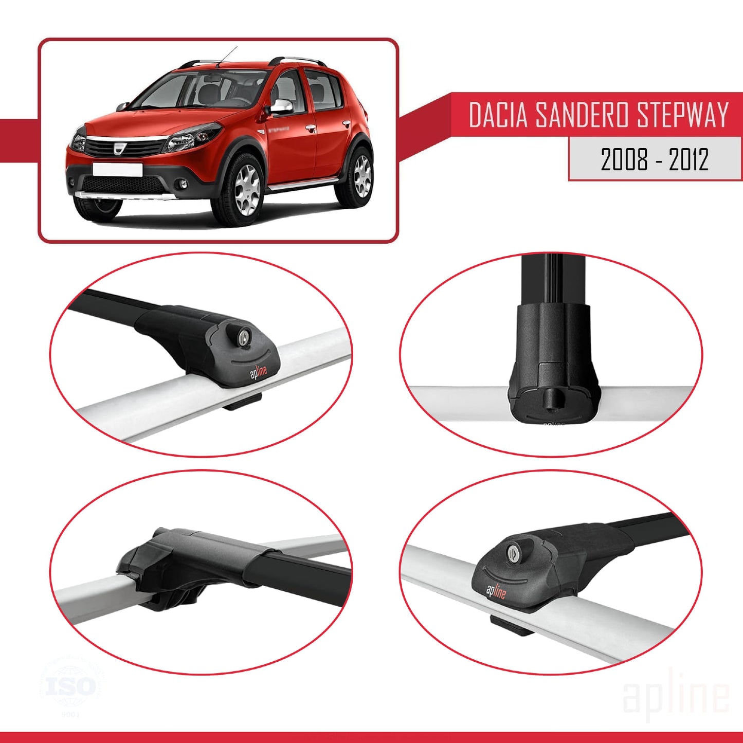 Compatible avec Dacia Sandero Stepway 2008-2012 ACE-1 Barres de Toit Railing Porte-Bagages de Voiture Noir Aluminium 2 Barres