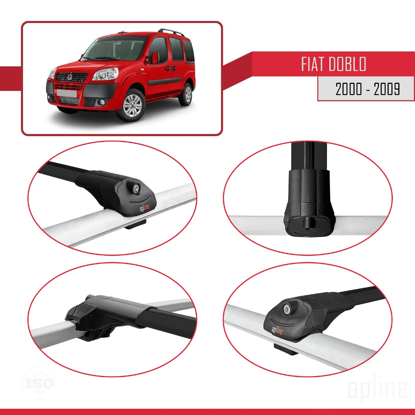 Kompatibel mit Fiat Doblo 2000-2009 ACE-1 Dachgepäckträger, Reling, Gepäckträger, schwarzes Aluminium, 4 Stangen