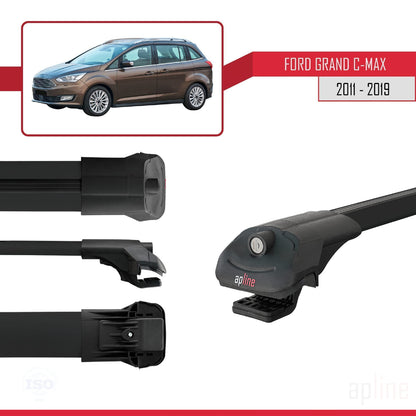 ACE-1 Dakdrager bagagedrager compatibel met Ford Grand C-Max (C344) 2011-2019 Spoorstaven Zwart Aluminium 3 Staven